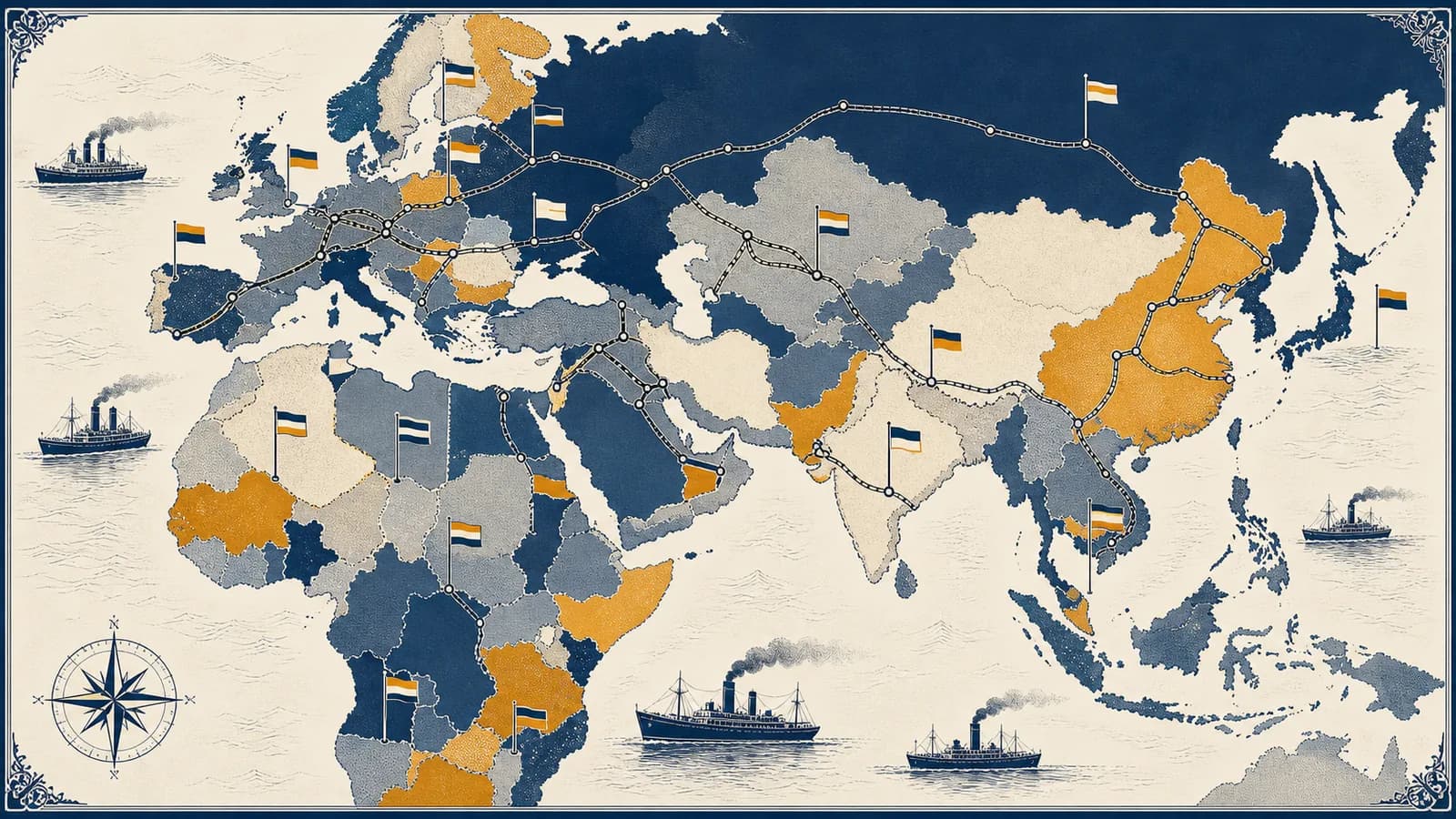 An illustrated nineteenth-century map shows nationalist flags, railways, steamships, and imperial borders across Europe, Africa, and Asia.