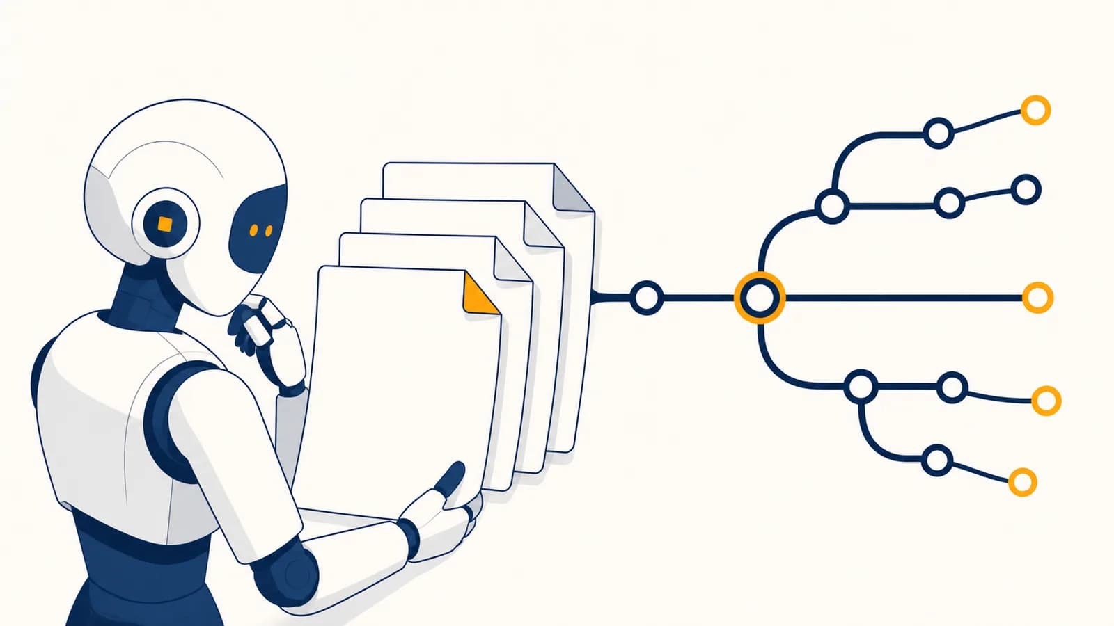 An AI coding agent reads layered instruction files beside a branching software repository.