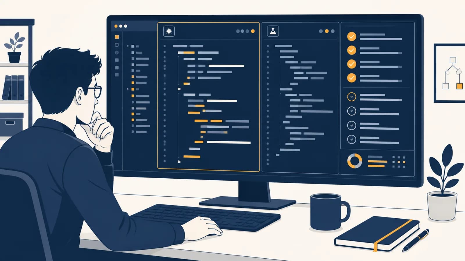 A programmer reviews an AI coding assistant's suggested code beside test results in a code editor.