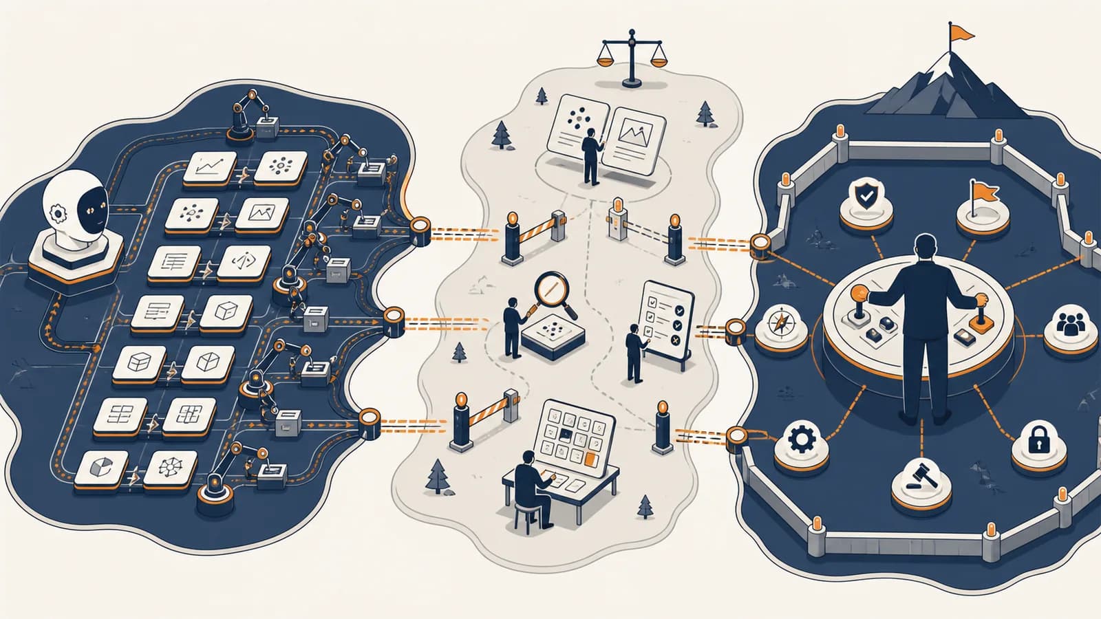 An illustrated map sorts work tasks into zones for AI assistance, human review, and human control.