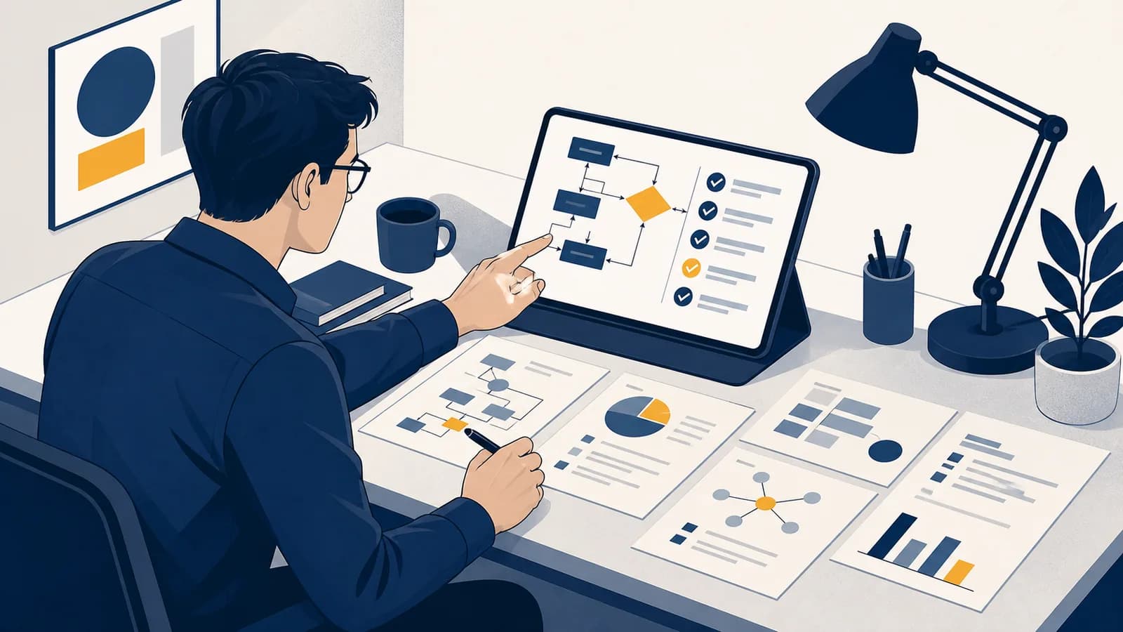 A person checks an AI generated work plan against source documents on a desk.