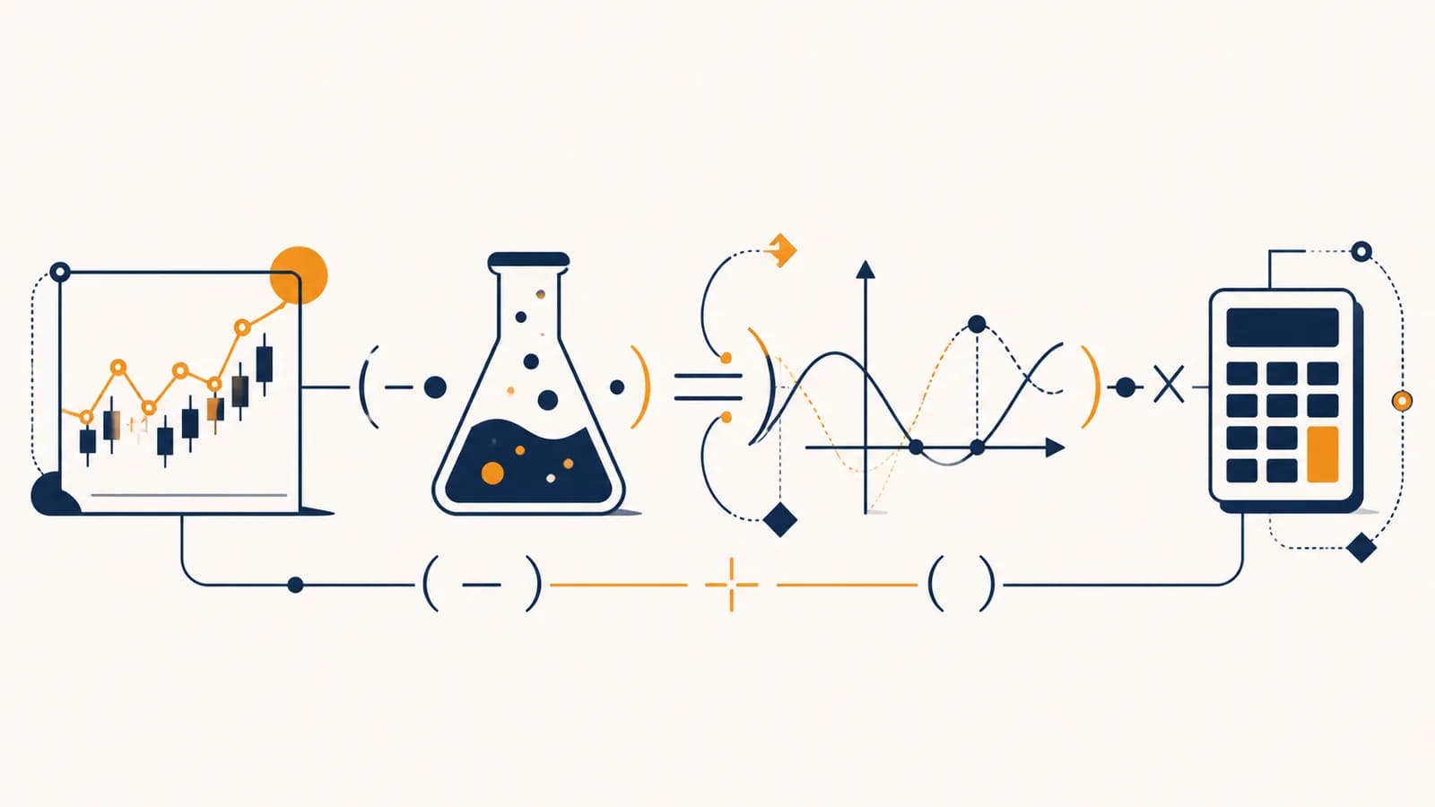 An illustration of algebraic equations connecting a price chart, laboratory flask, graph, and calculator.