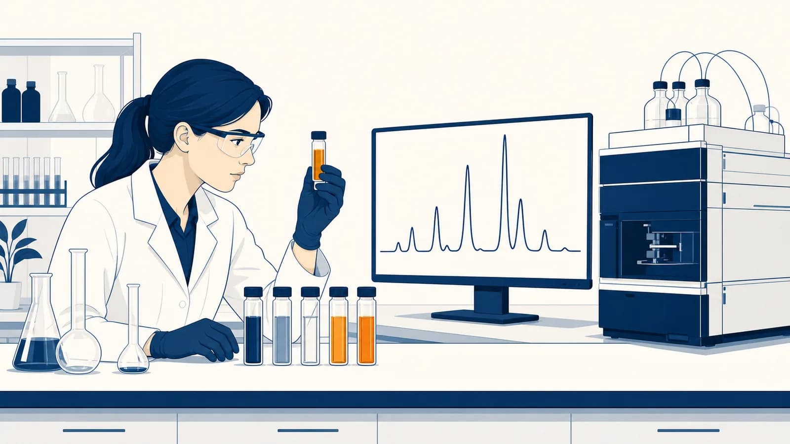 A laboratory analyst compares colored samples beside a chromatogram and a calibrated instrument.