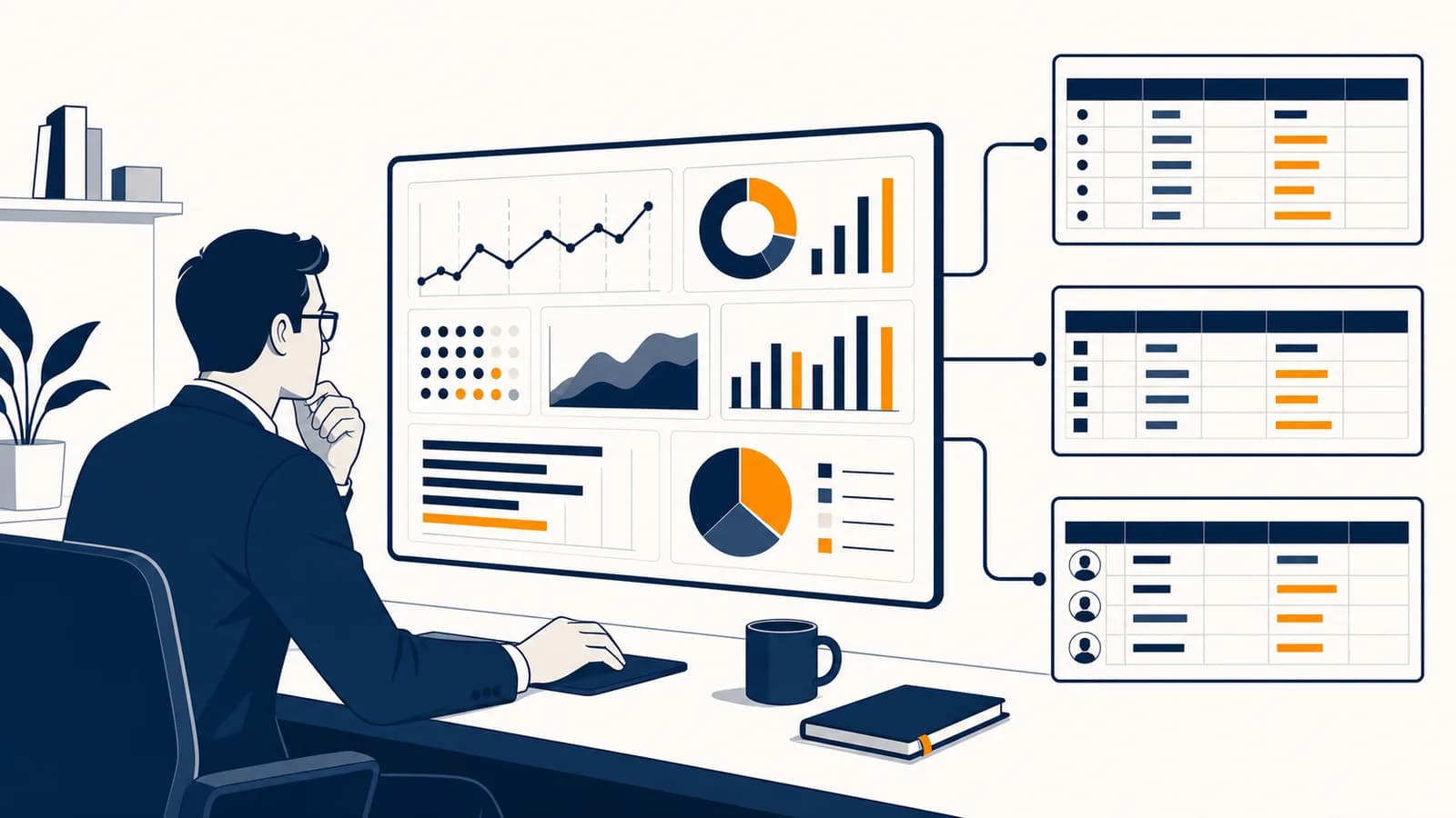 An analyst studies a business dashboard beside linked sales, inventory, and customer data tables.