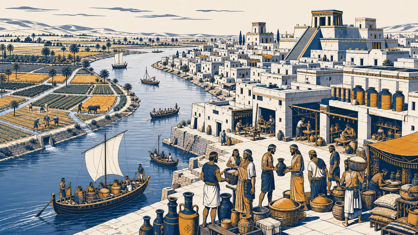 An illustrated ancient city beside a river with farms, workshops, temples, storehouses and traders.