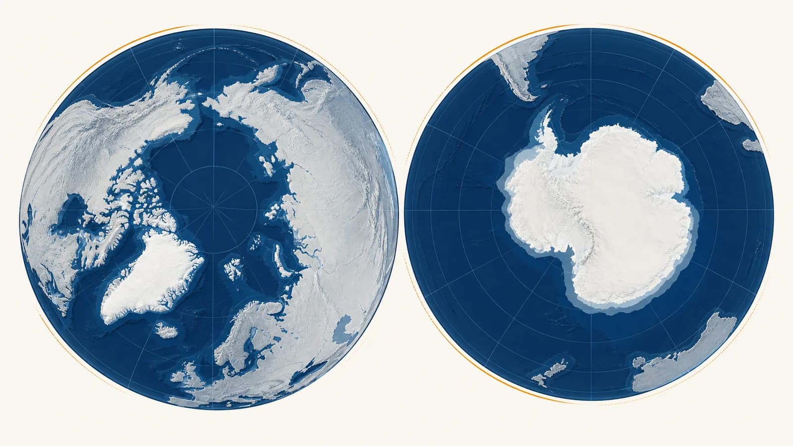 An illustrated globe compares the ocean-centred Arctic with the continent-centred Antarctic.
