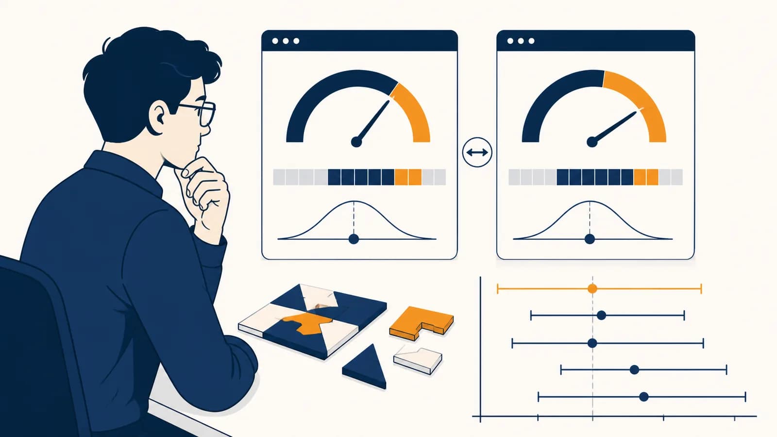 A person compares two online IQ test scores beside puzzle tiles and a confidence interval chart.