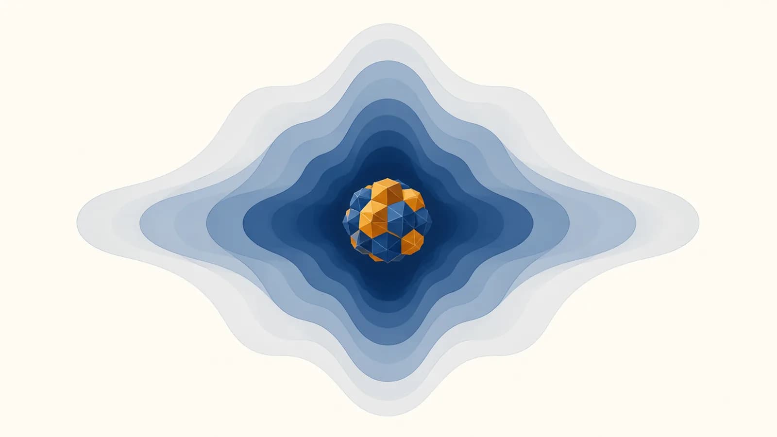 An illustrated atom with a compact nucleus and layered electron probability clouds around it.