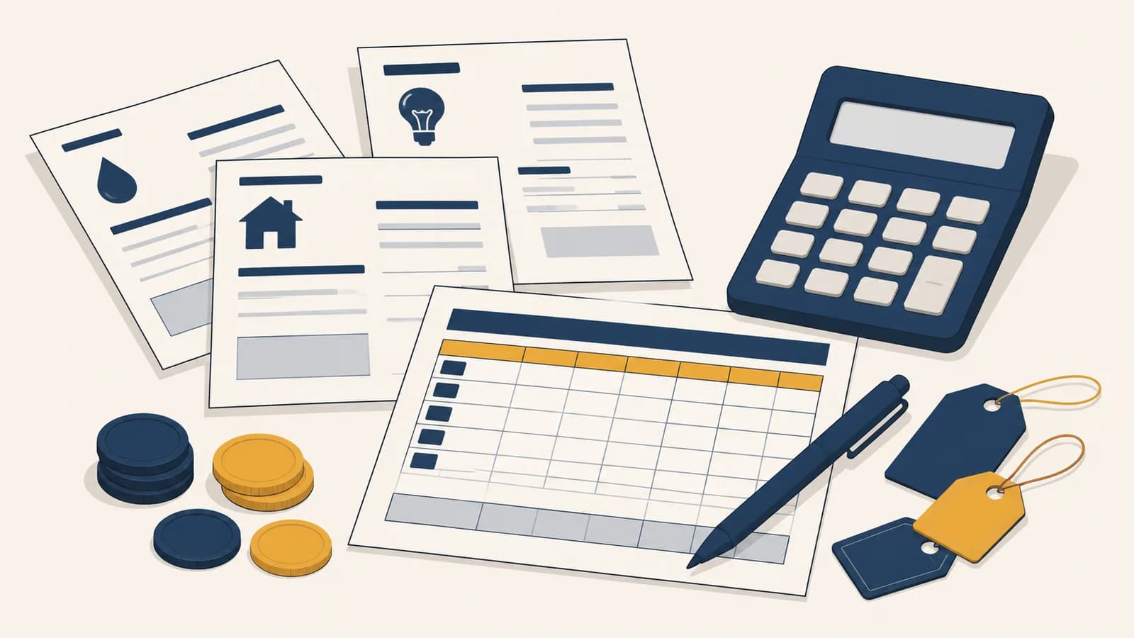 An illustration of a calculator beside household bills, a budget sheet, coins, and grocery price labels.