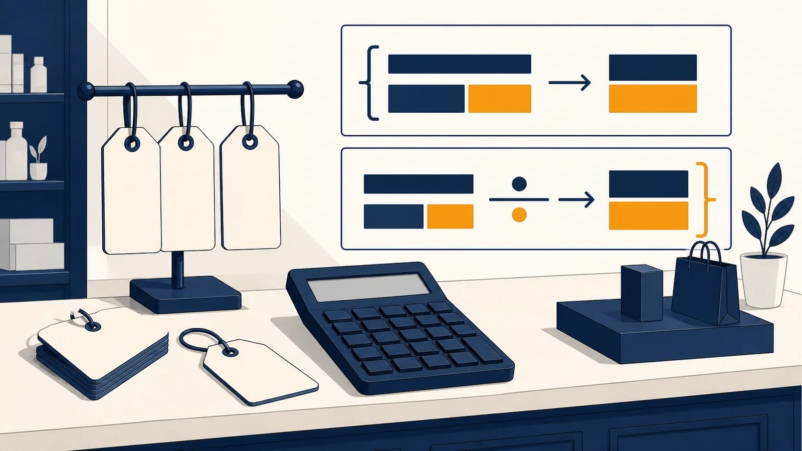 An illustration shows price tags, a calculator, and margin and markup formulas on a shop counter.