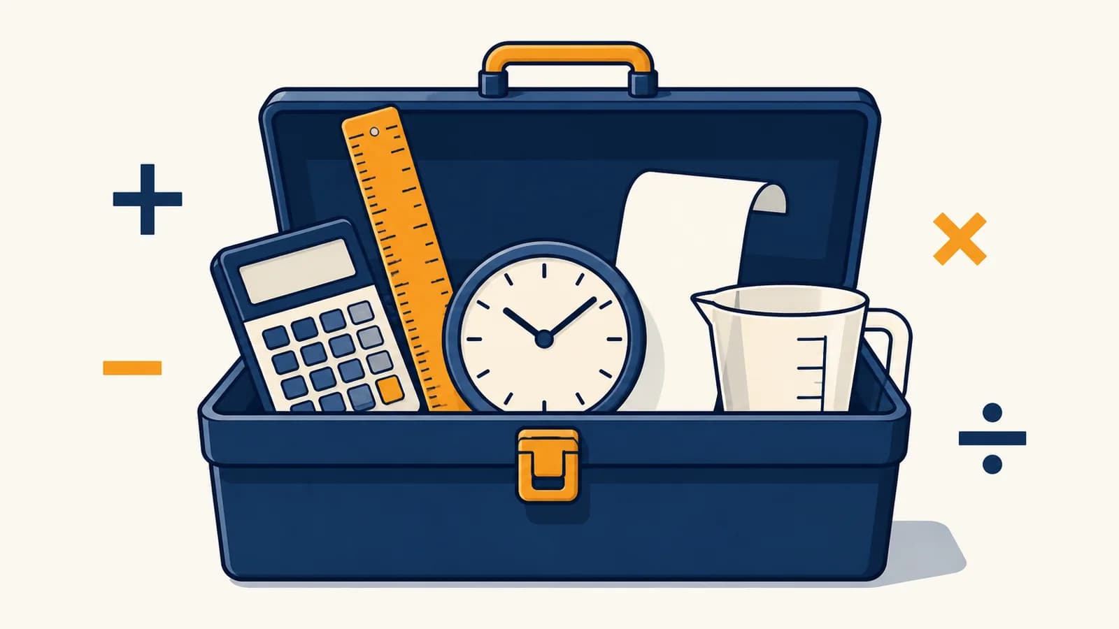 An illustrated toolbox containing a calculator, ruler, clock, receipt, measuring cup, and arithmetic symbols.