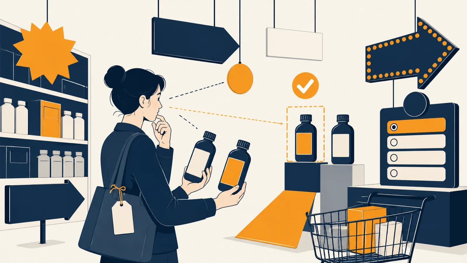 A shopper compares prices while signs, defaults, and visual cues compete for attention.
