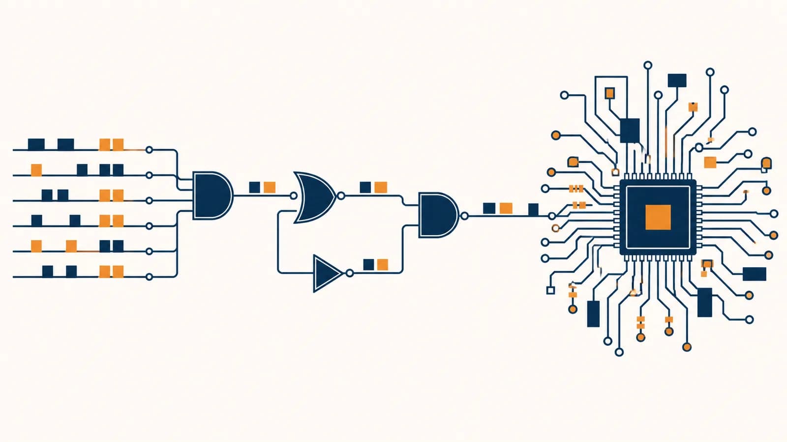 An illustration of binary digits flowing through logic gates into a computer circuit.