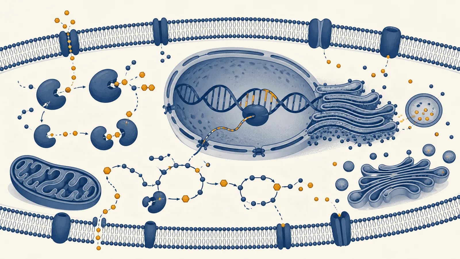 An illustration of enzymes, DNA, membranes and metabolic molecules interacting inside a living cell.