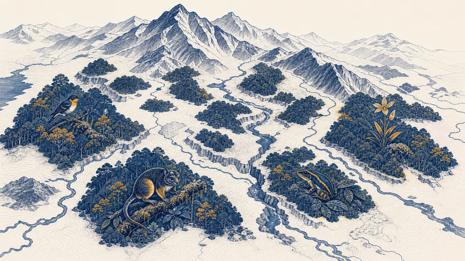 An illustrated map highlights fragmented forest habitats and endemic species within a mountainous biodiversity hotspot.