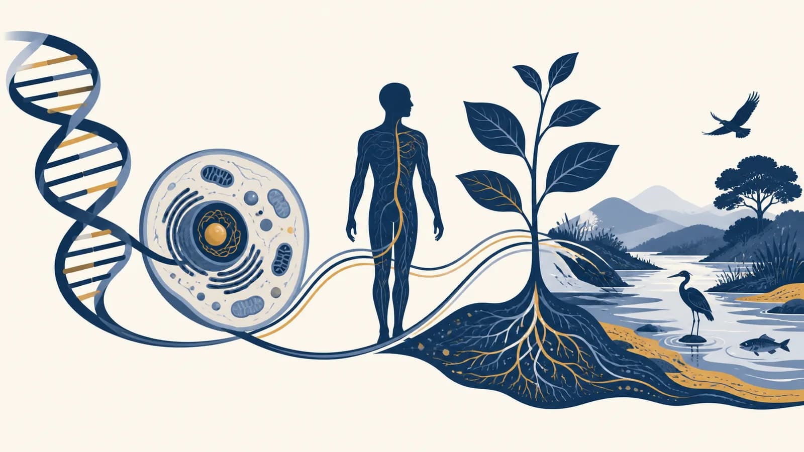 An illustration linking a DNA strand, cell, human figure, plant and ecosystem in one living system.