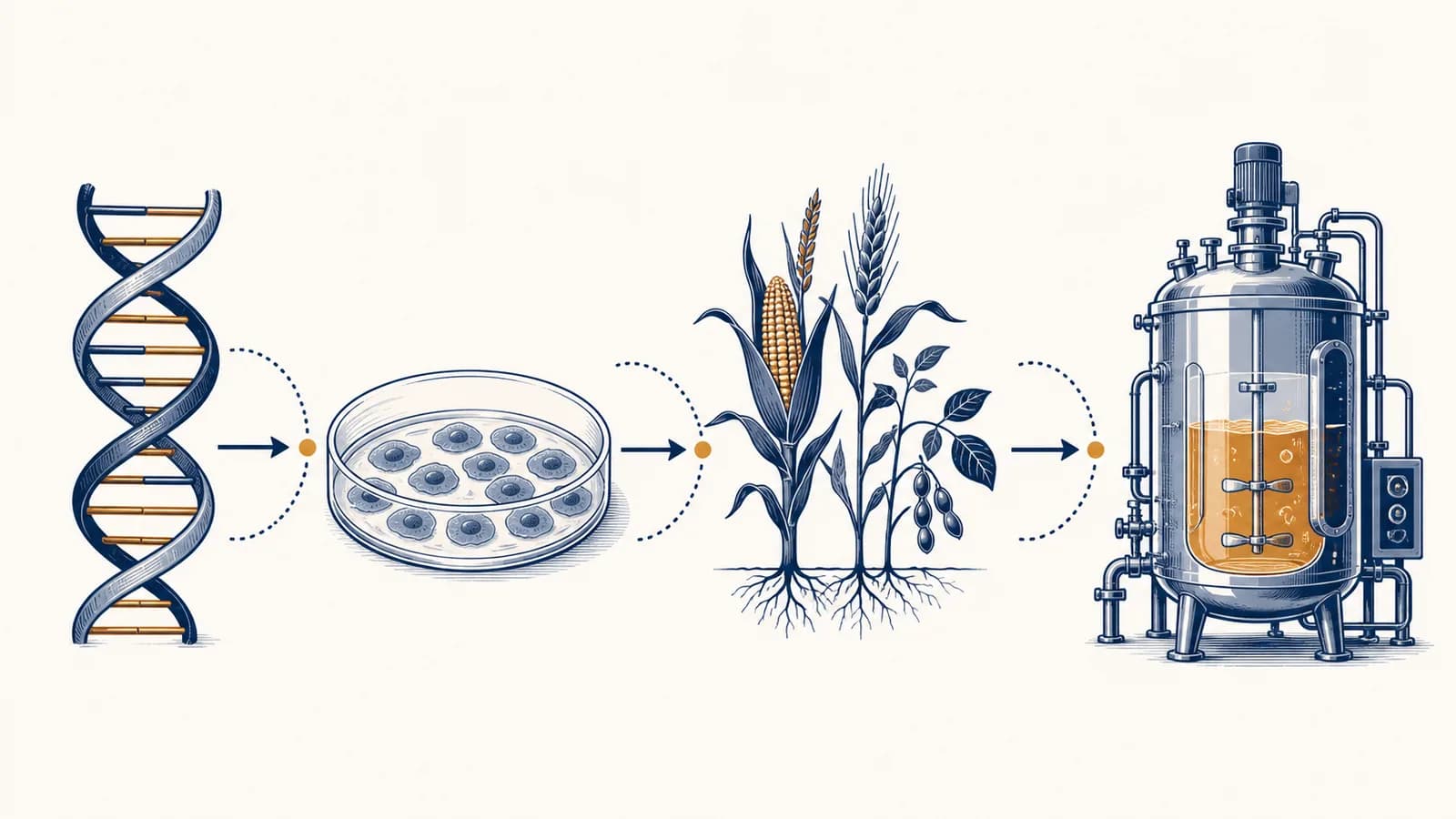 An illustration of DNA, cultured cells, crops and a fermentation vessel connected in a biotechnology workflow.