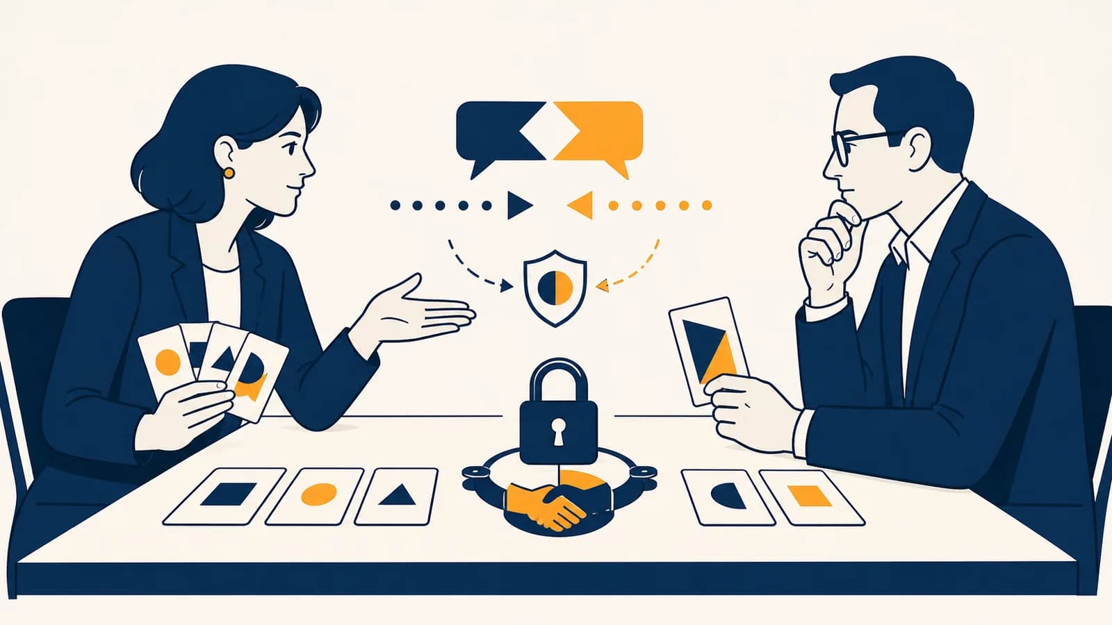 Two people negotiate across a table while cards, signals, and a locked promise illustrate their strategic choices.
