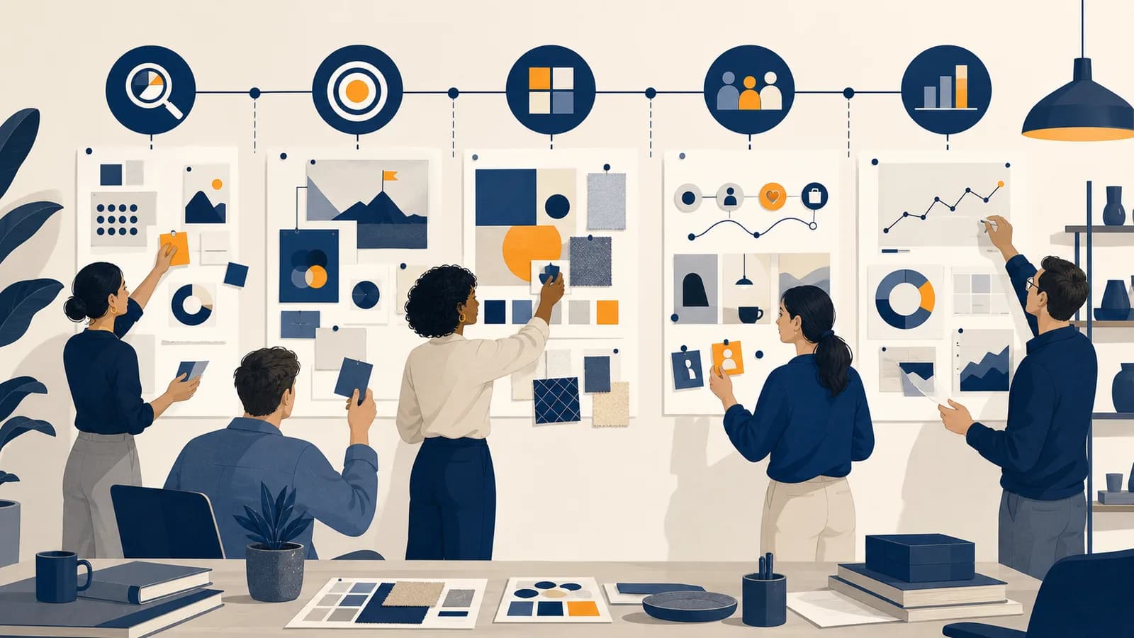 An illustrated brand team connects research, positioning, visual identity, customer experience and performance measurement on a planning wall.