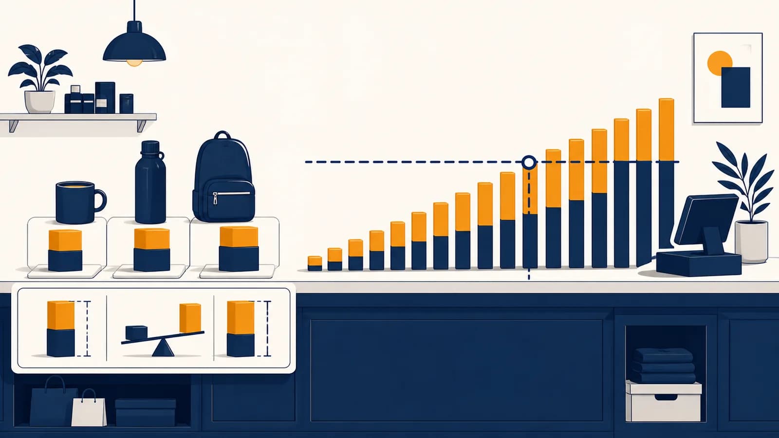 An illustrated shop counter shows cost, selling price, margin, markup, and the point where sales break even.