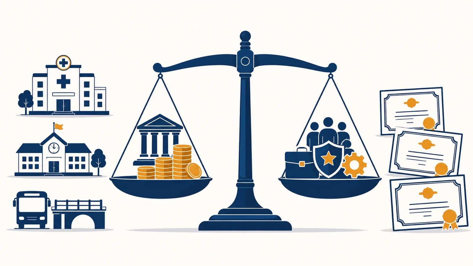 An illustration shows government revenue and spending on a balance scale beside public services and bonds.