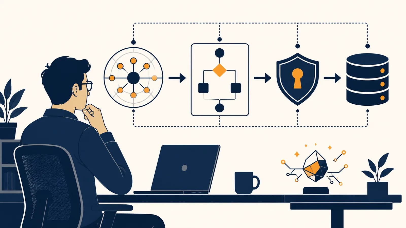 A developer reviews an AI-assisted backend pipeline connecting an API, application rules, authentication, and a database.