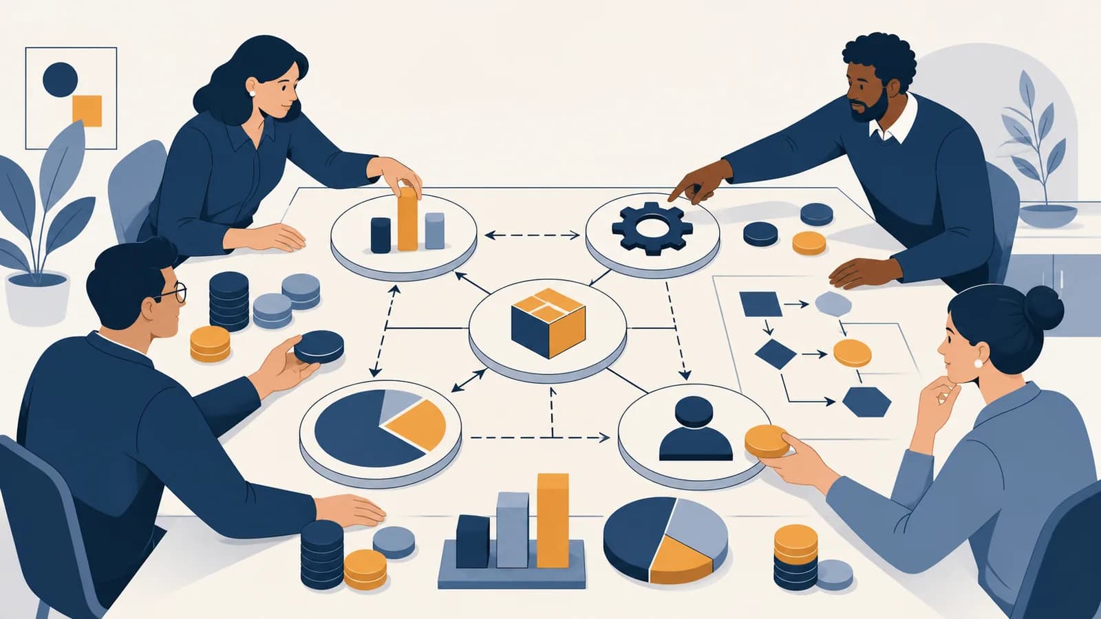 An illustration of people coordinating finance, operations, marketing and customer decisions around a shared business plan.