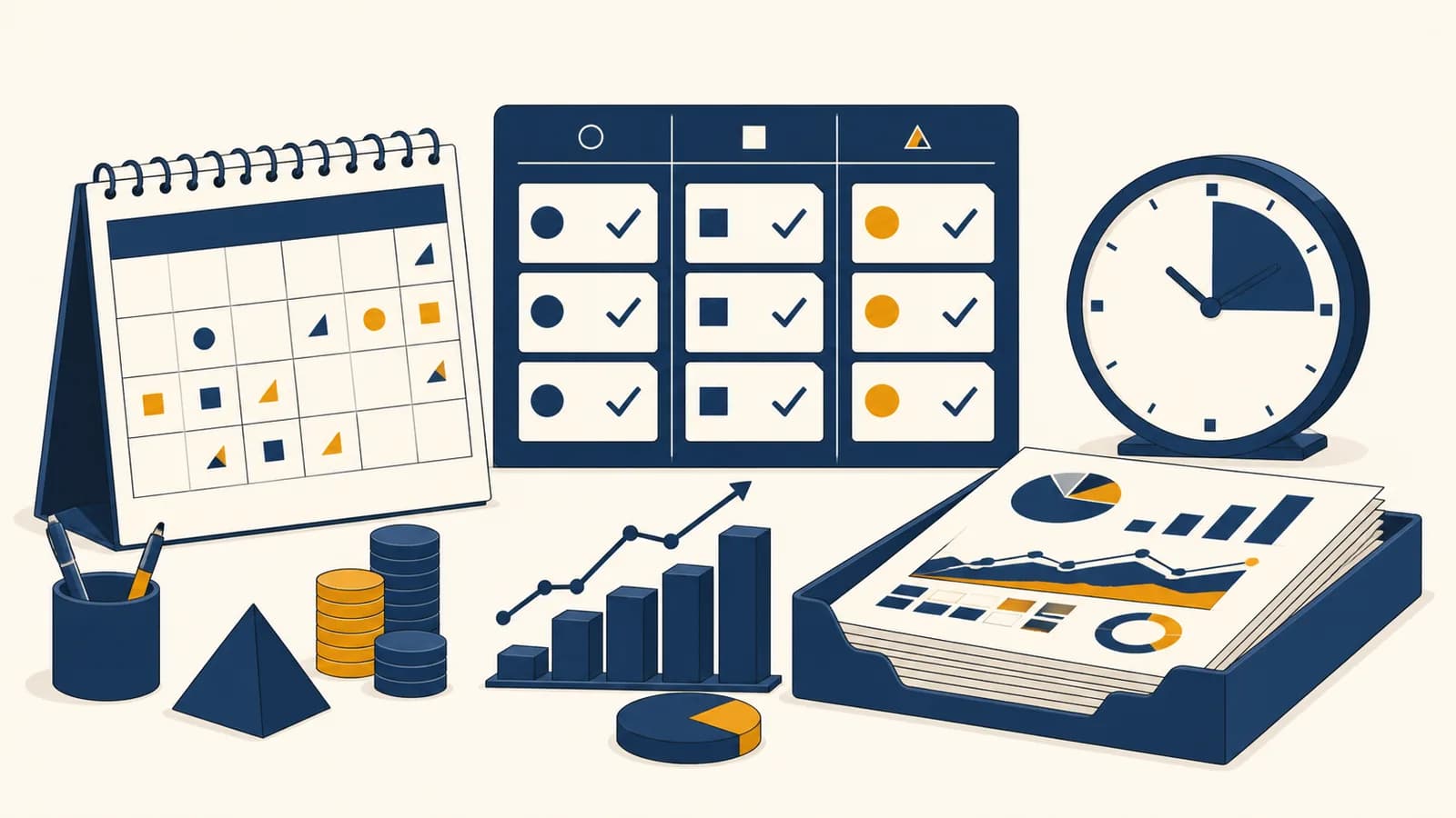 A desk calendar, task board, clock, and completed work arranged as a clear productivity system.