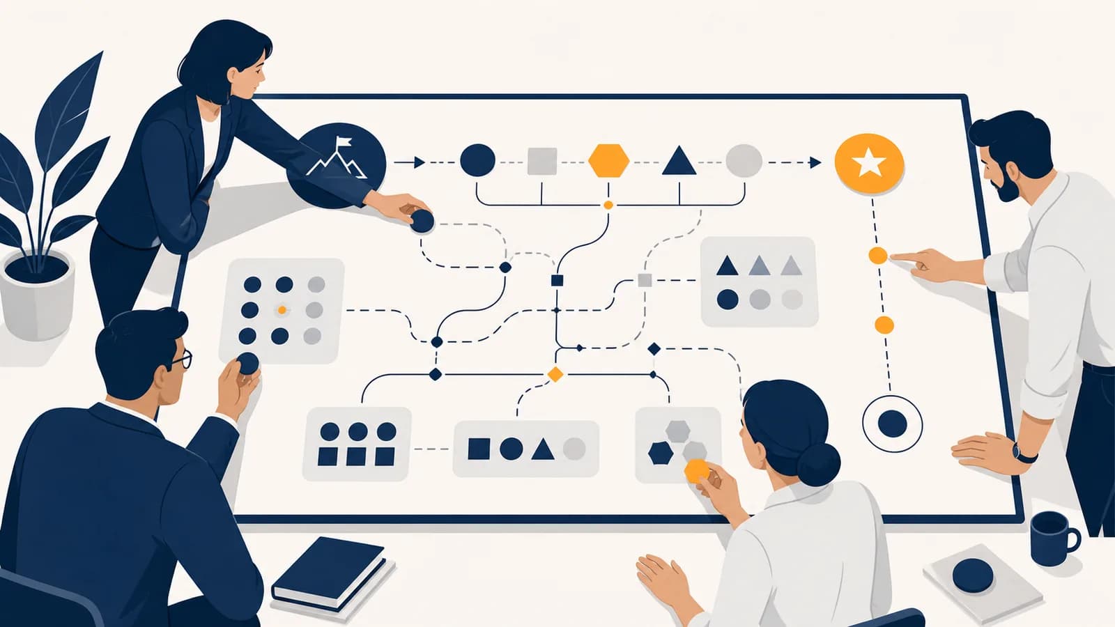A team maps business goals, market choices, resources and review points on a planning board.