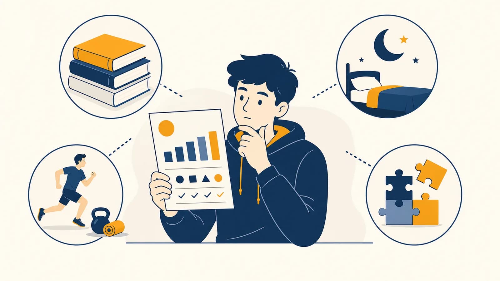 A student compares an IQ test score with books, sleep, exercise, and puzzle practice.