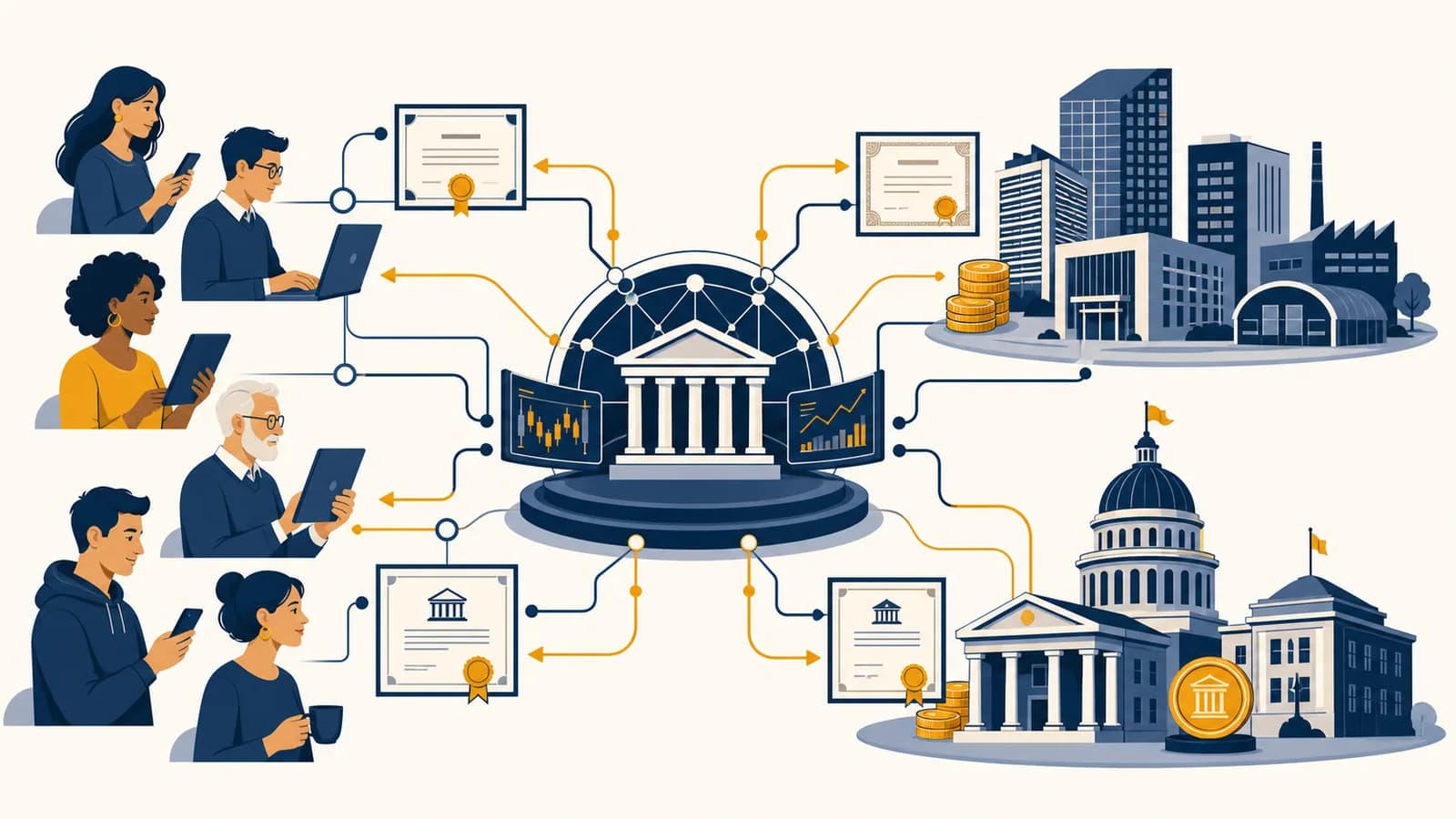 An illustration of investors, companies, and governments connected through stock and bond markets.