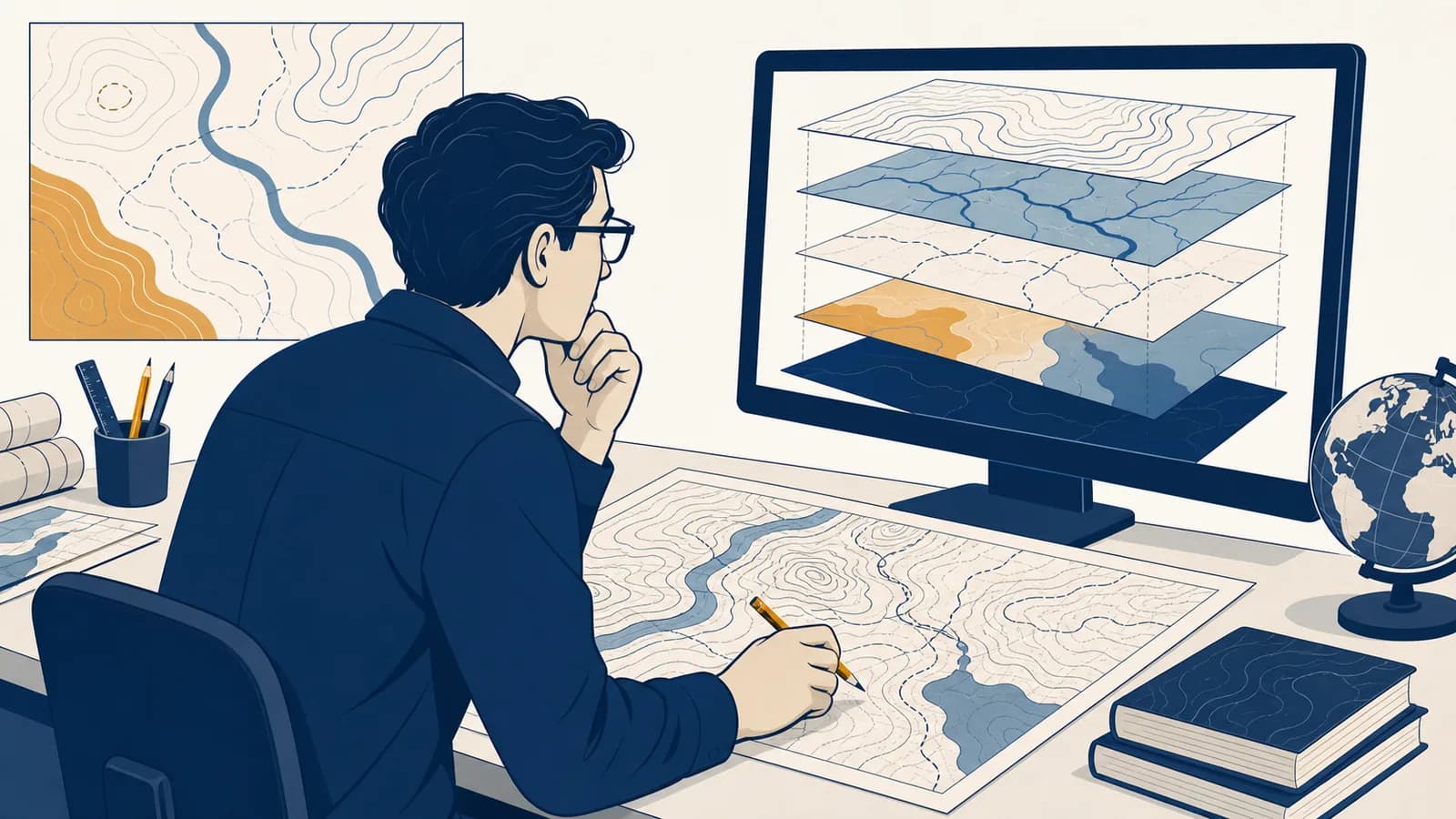 A cartographer compares a paper contour map with layered geographic data on a computer screen.