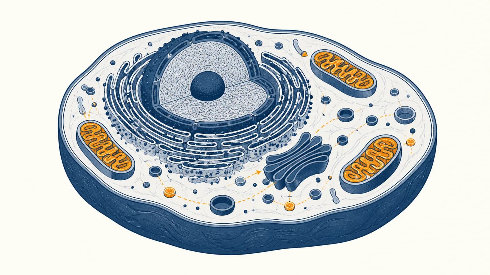 An illustrated eukaryotic cell showing its membrane, nucleus, mitochondria, ribosomes and internal transport vesicles.