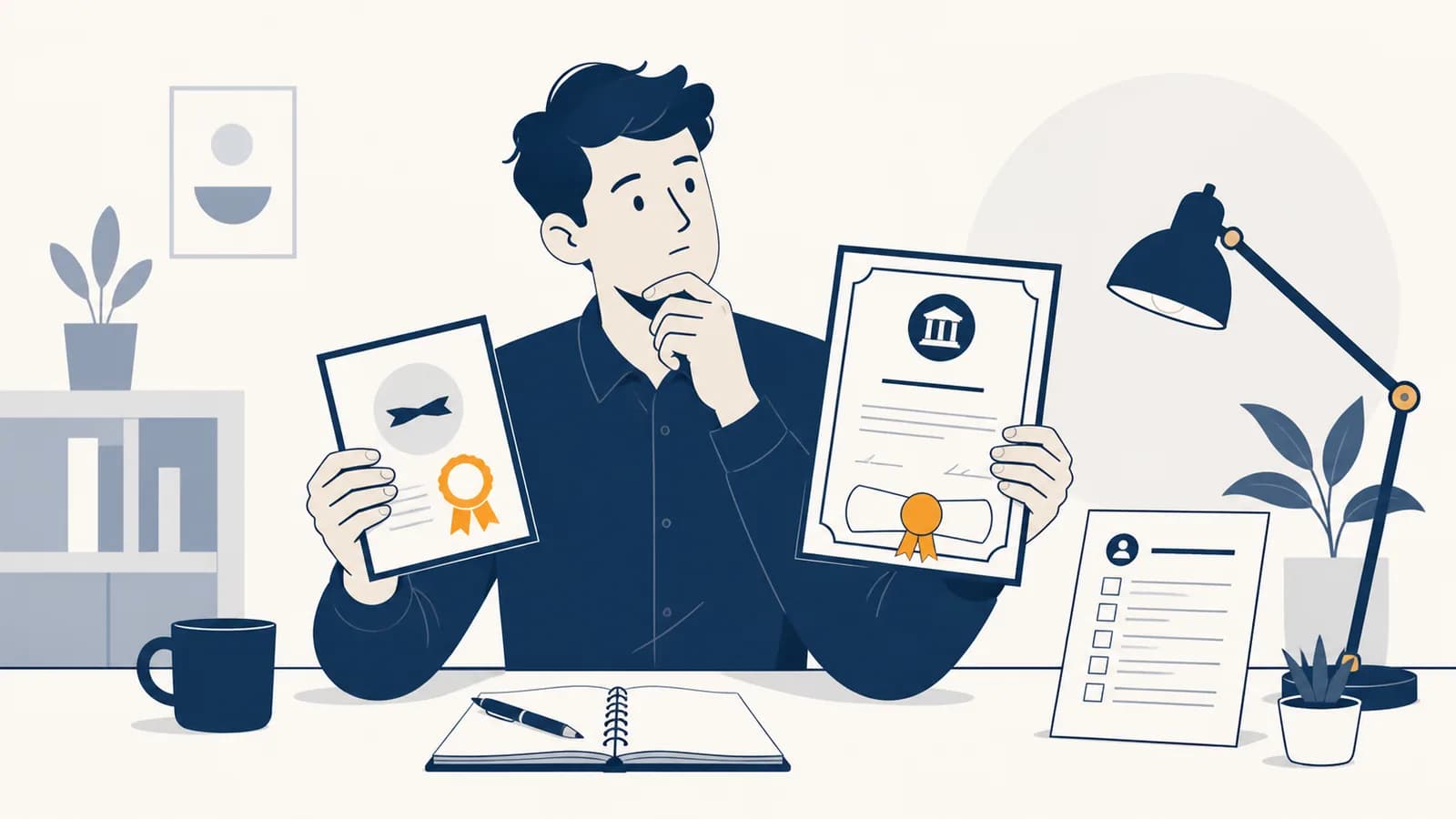 An applicant compares a professional certificate with a college degree beside a job description.