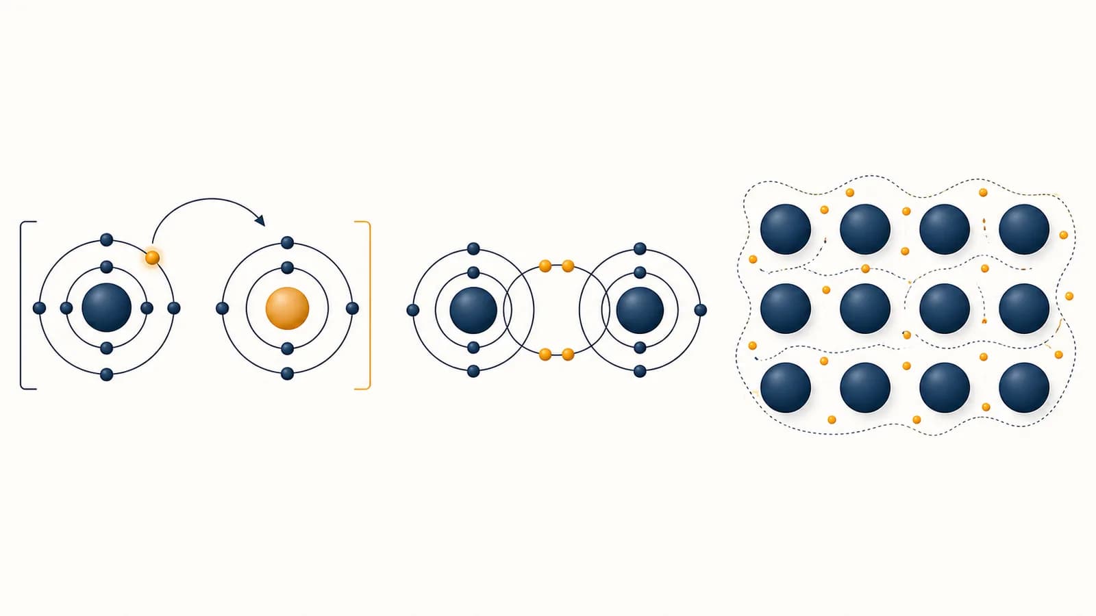 An illustration of atoms connected by ionic, covalent, and metallic bonding arrangements.