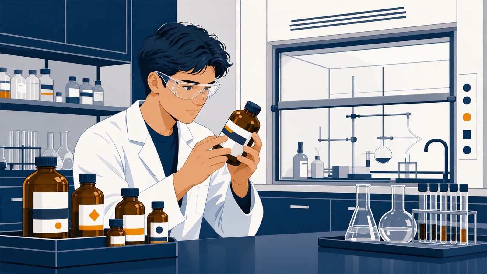 A student in safety goggles checks a chemical label beside organized laboratory bottles and a fume hood.