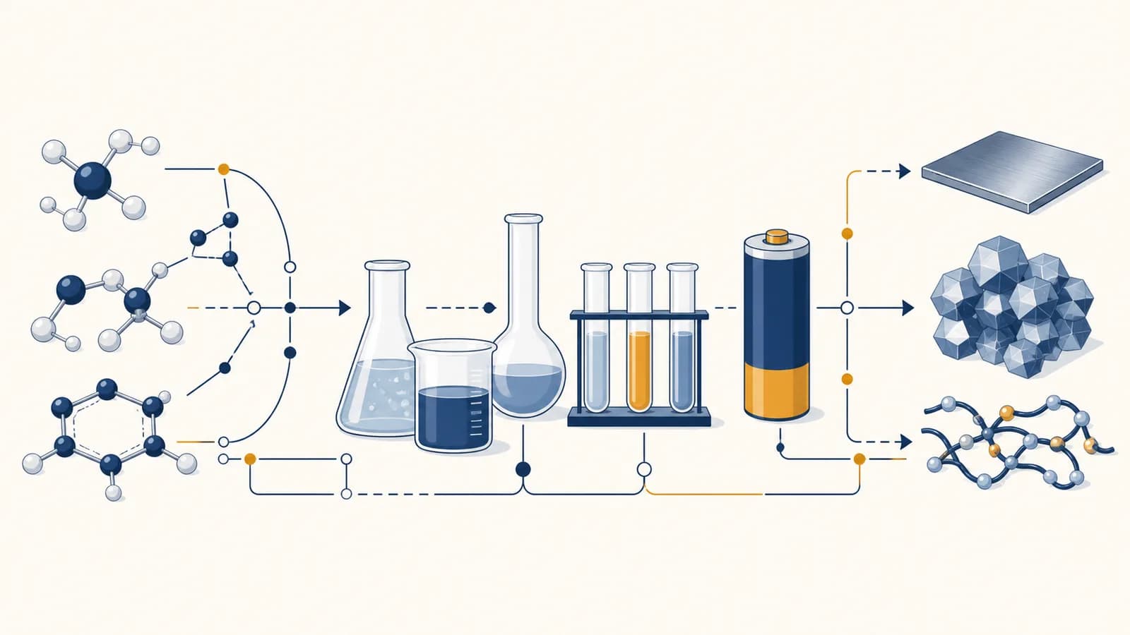 An illustration of molecular models, laboratory glassware, a battery, and material samples connected by chemical equations.