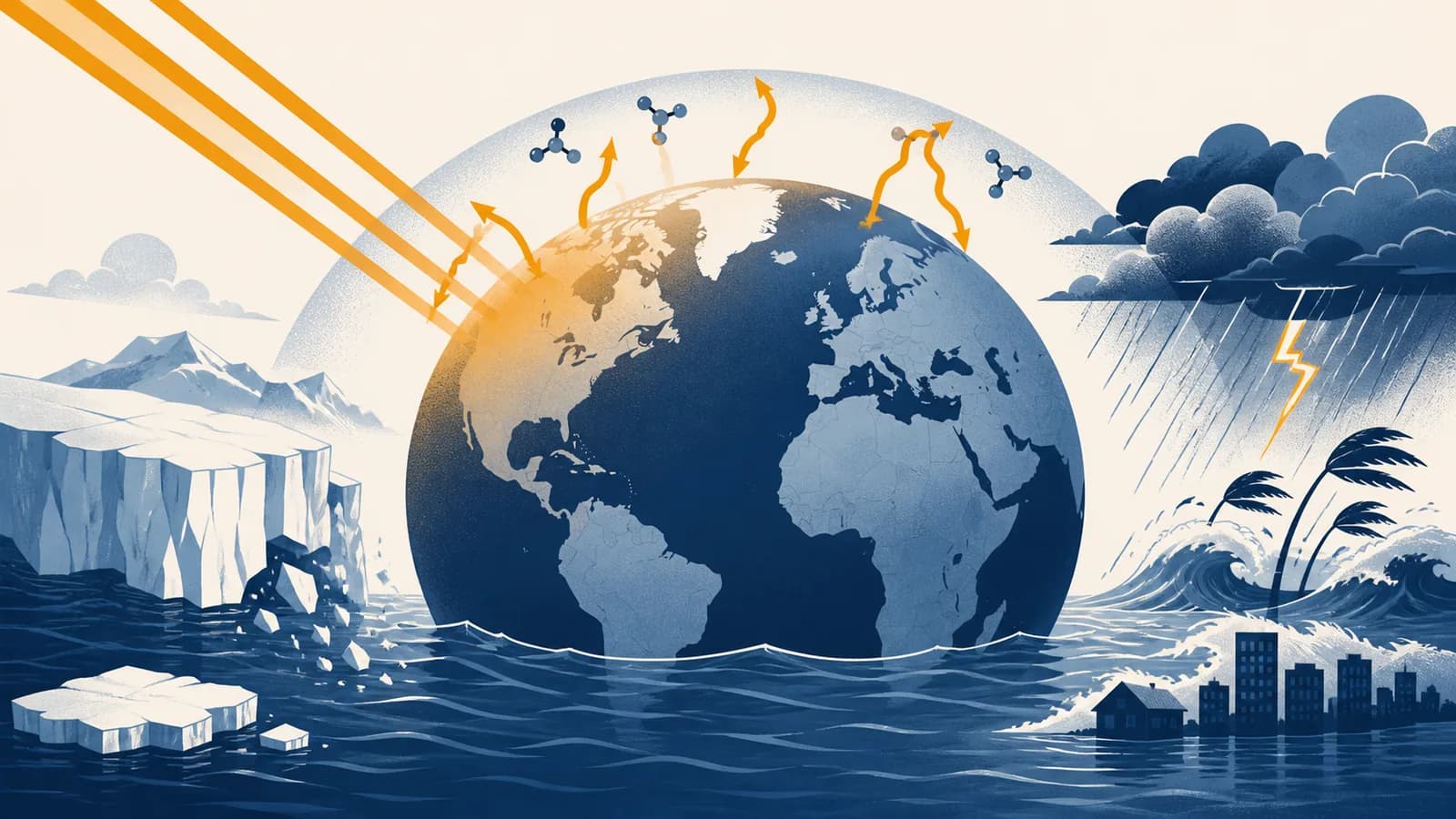 An illustration of Earth showing heat trapped by greenhouse gases, melting ice, rising seas and changing weather patterns.