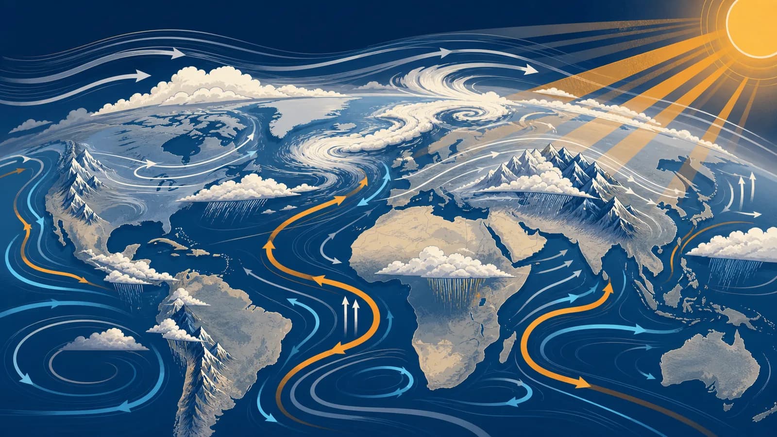 An illustration of global wind belts, ocean currents, clouds, mountains, and sunlight interacting across Earth.
