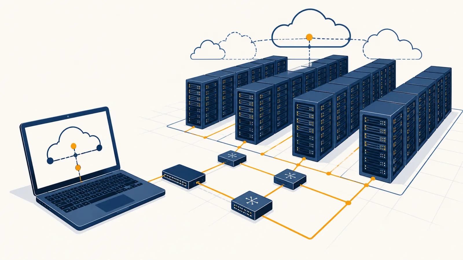 An illustration of a laptop connecting through a network to rows of servers in a cloud data center.