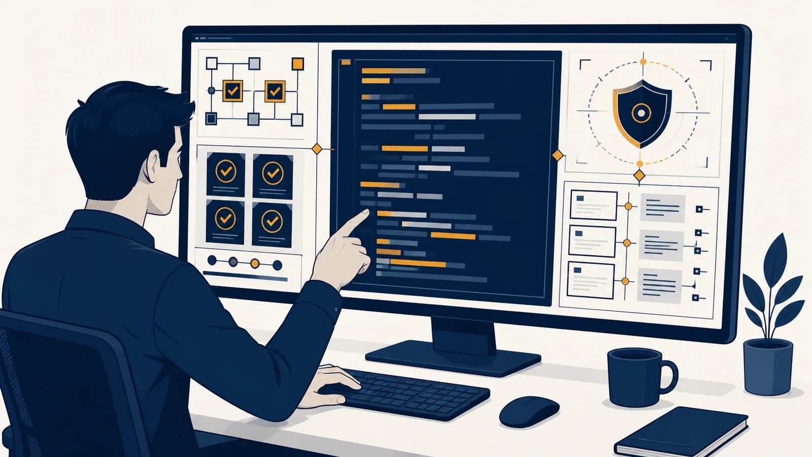 A developer compares AI-generated code with tests, security checks, and project requirements on a computer screen.