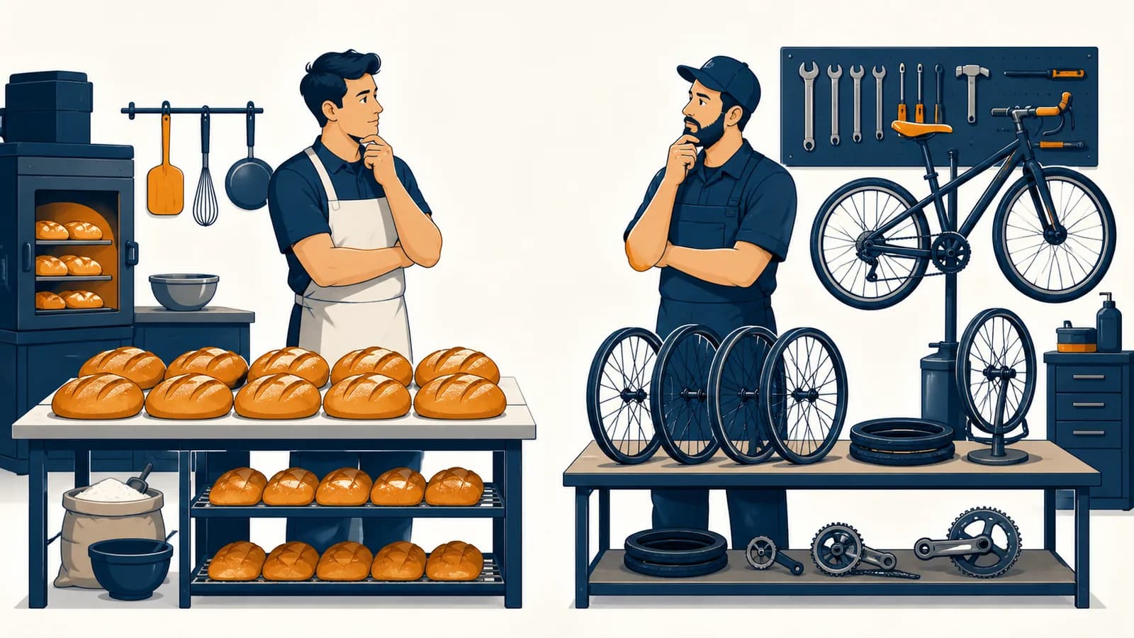 Two workers compare bread baking and bicycle repair outputs to identify their comparative advantages.