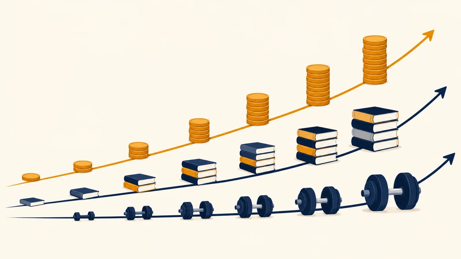 An illustration shows coins, books, and exercise weights growing along connected upward curves.