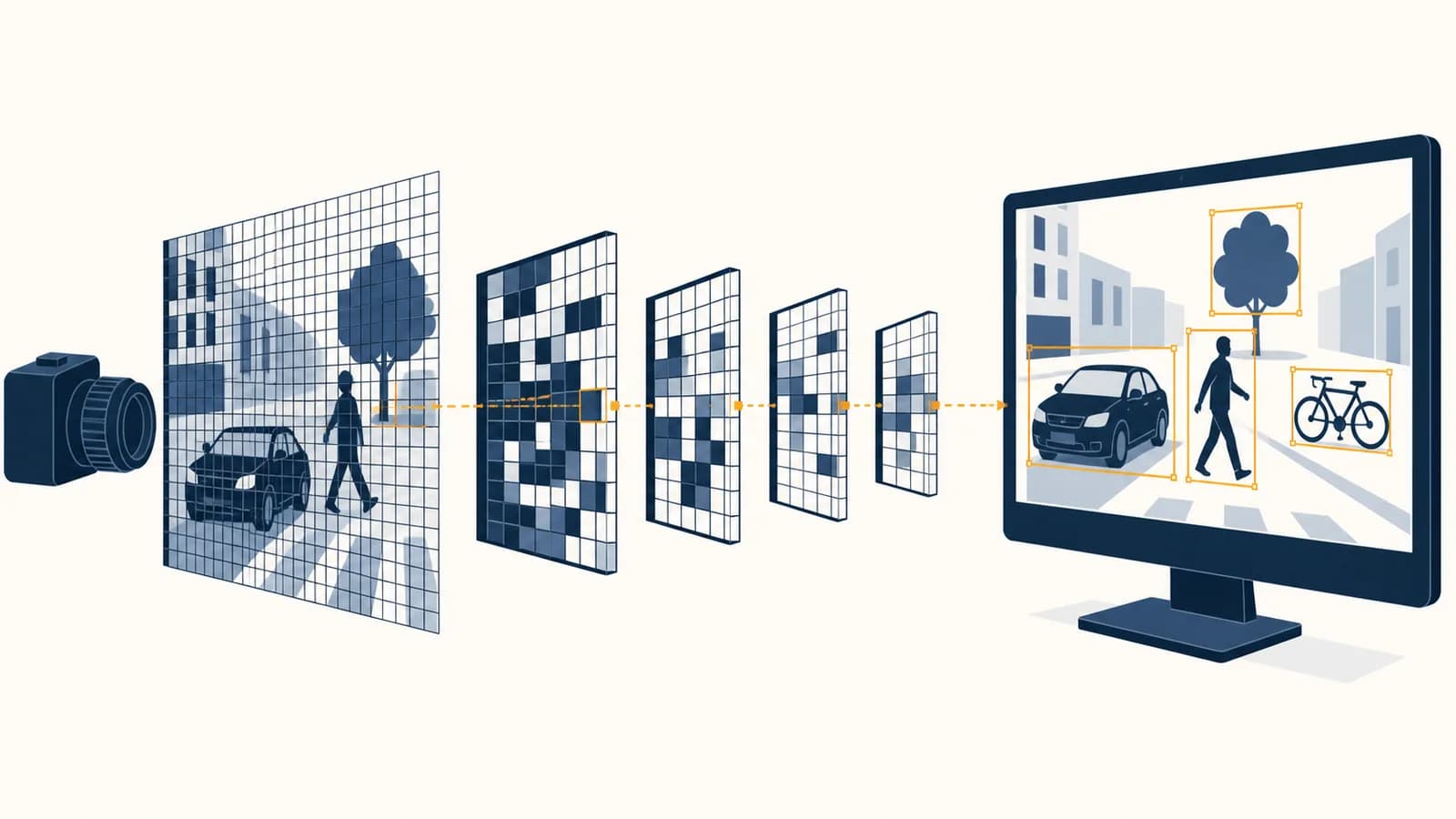 A camera image divided into pixels and feature maps leading to labeled objects on a screen.