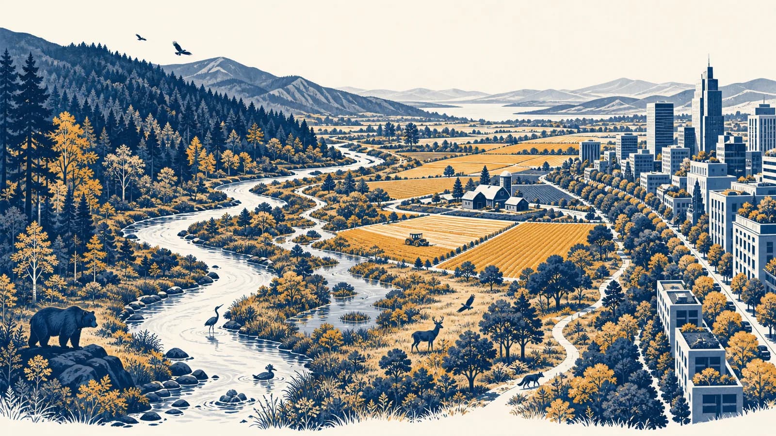 An illustrated landscape connects a protected forest, restored river, working farm and city wildlife corridor.