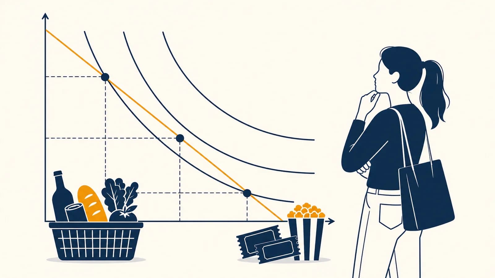 A shopper compares combinations of food and cinema tickets along a budget line and indifference curves.