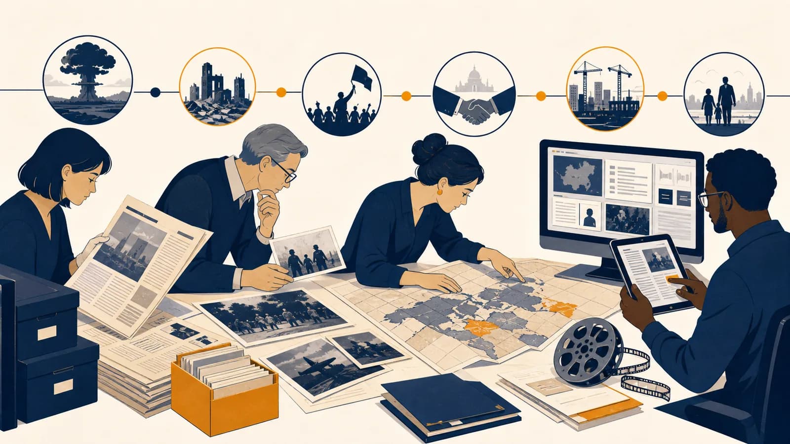 An illustration of people examining newspapers, photographs, maps and digital records along a postwar timeline.