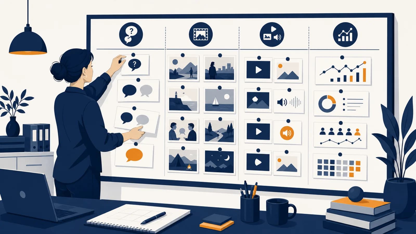 An editor arranges audience questions, story scenes, content formats, and performance notes on a planning board.