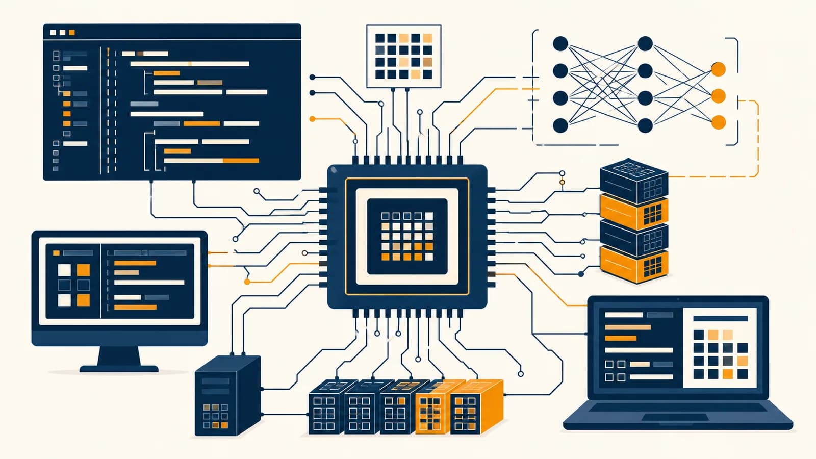 An illustration of code, connected computers, data blocks, circuits, and an artificial intelligence model around a central processor.
