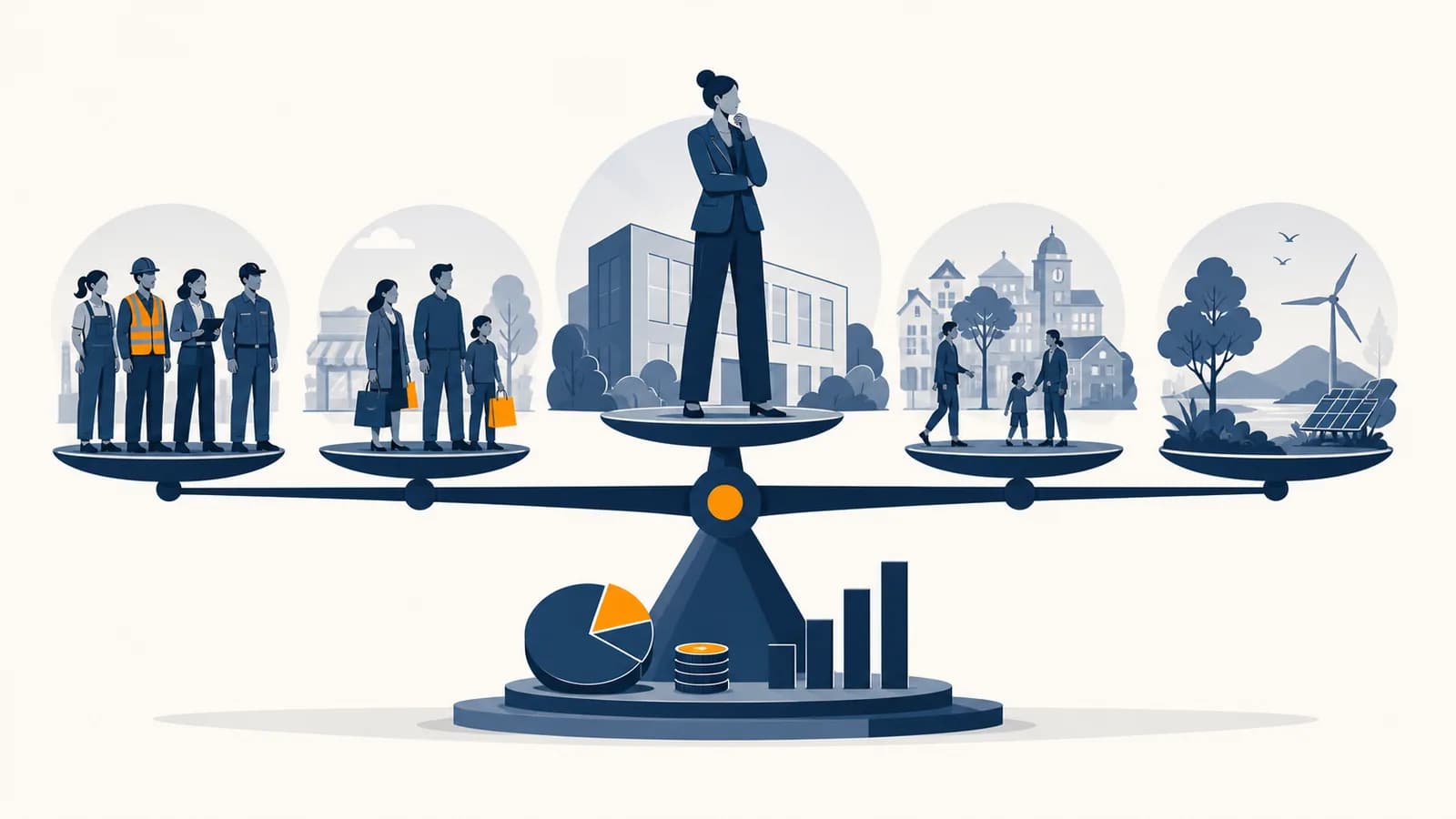 An illustration of a business balancing workers, customers, community needs, environmental effects, and financial decisions.